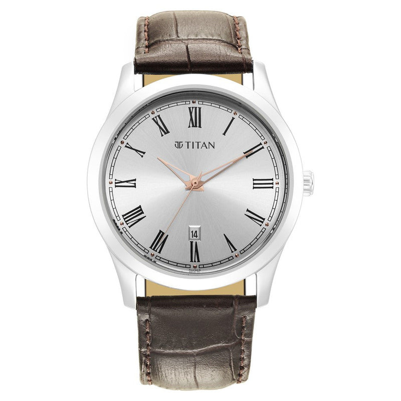 Titan Trendsetters Silver White Dial Analog Leather Strap watch for Men