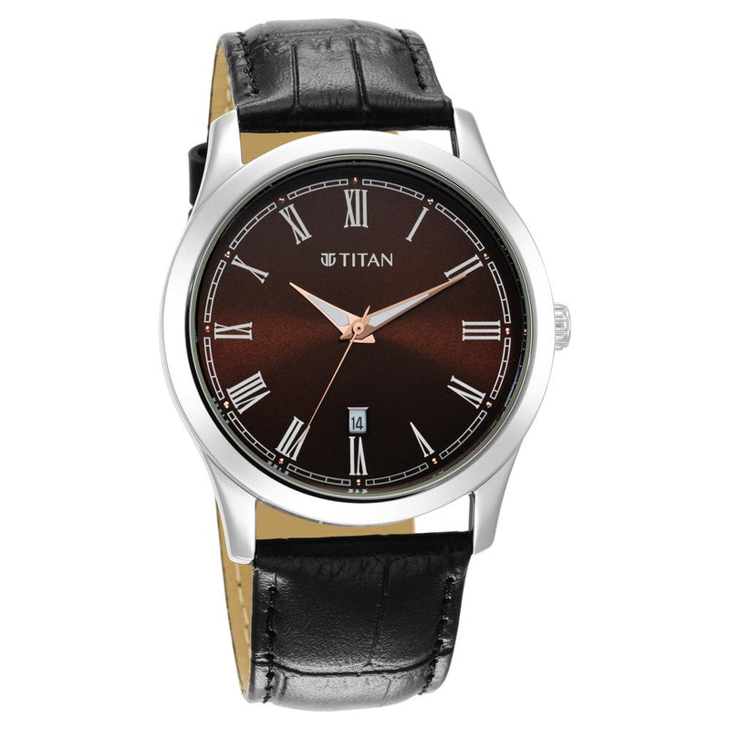 Titan Quartz Analog Dark Brown Dial Leather Strap Watch for Men