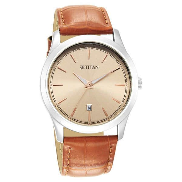 Titan Trendsetters Light Rose Gold Dial Analog Leather Strap watch for Men