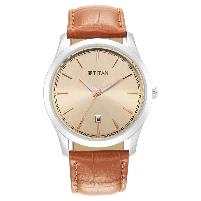 Titan Trendsetters Light Rose Gold Dial Analog Leather Strap watch for Men