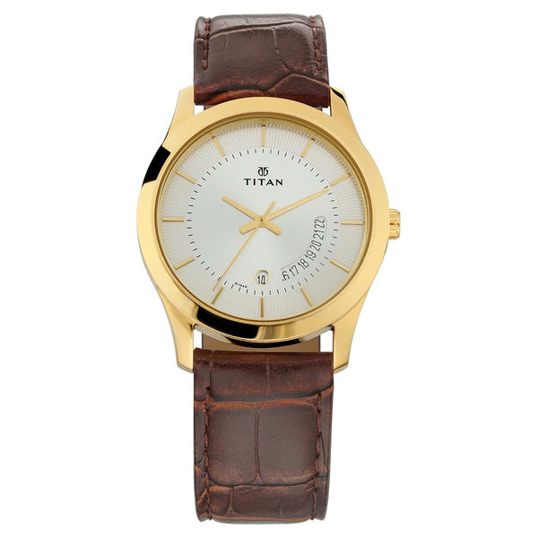 Titan Quartz Analog with Date Silver Dial Leather Strap Watch for Men