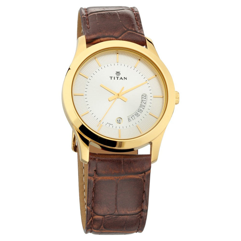 Titan Quartz Analog with Date Silver Dial Leather Strap Watch for Men