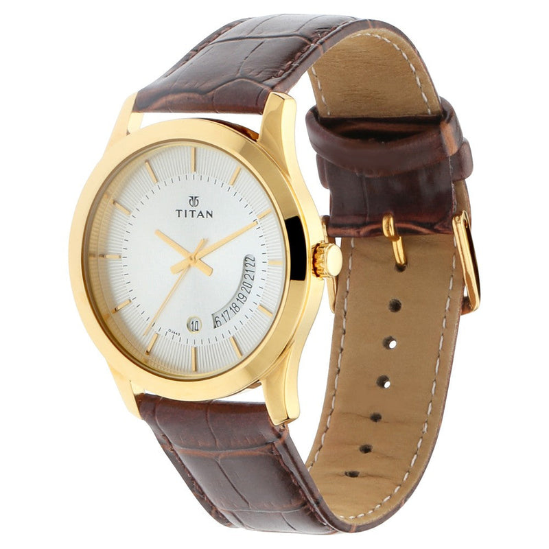 Titan Quartz Analog with Date Silver Dial Leather Strap Watch for Men