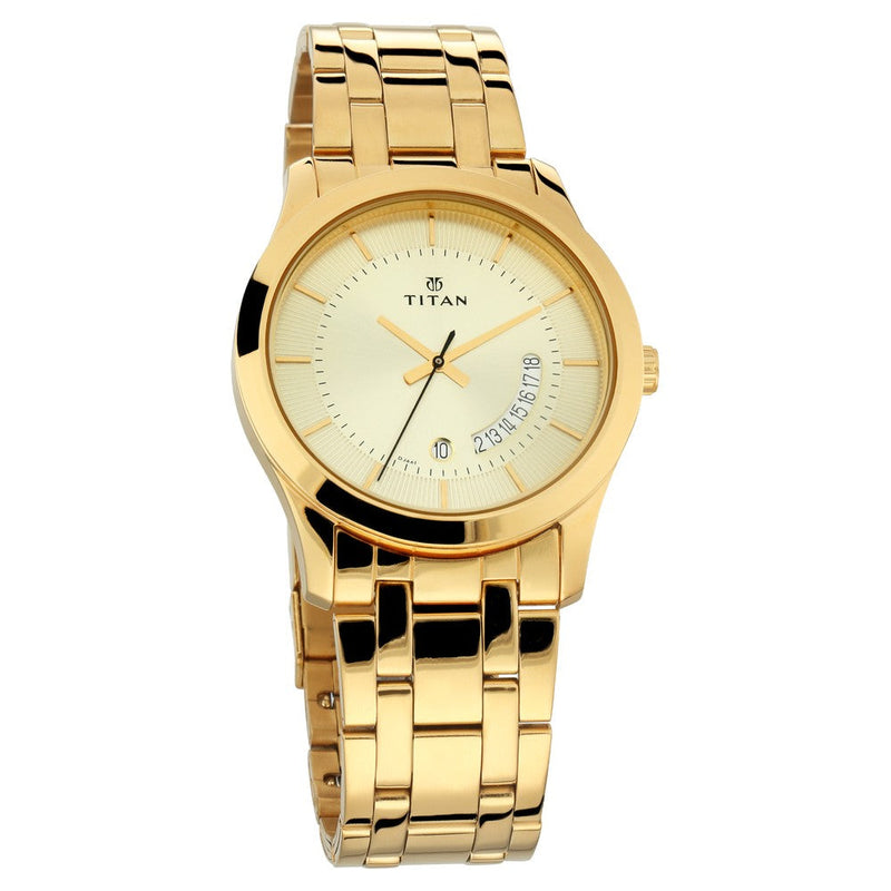 Titan Quartz Analog with Date Champagne Dial Stainless Steel Strap Watch for Men