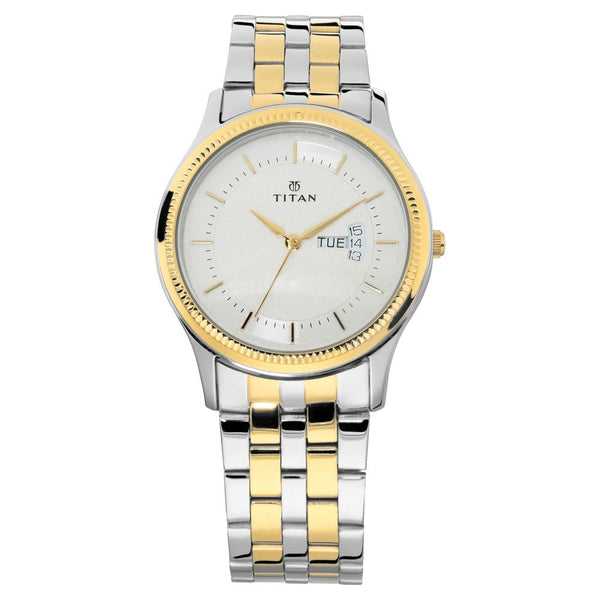 Titan Quartz Analog with Day and Date Silver Dial Stainless Steel Strap Watch for Men