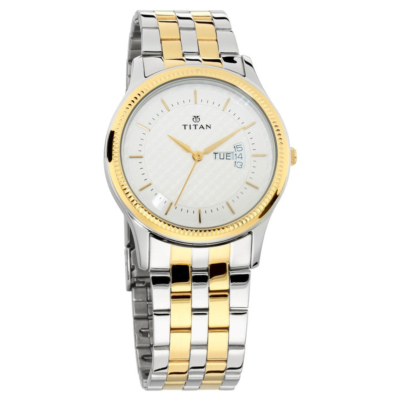 Titan Quartz Analog with Day and Date Silver Dial Stainless Steel Strap Watch for Men