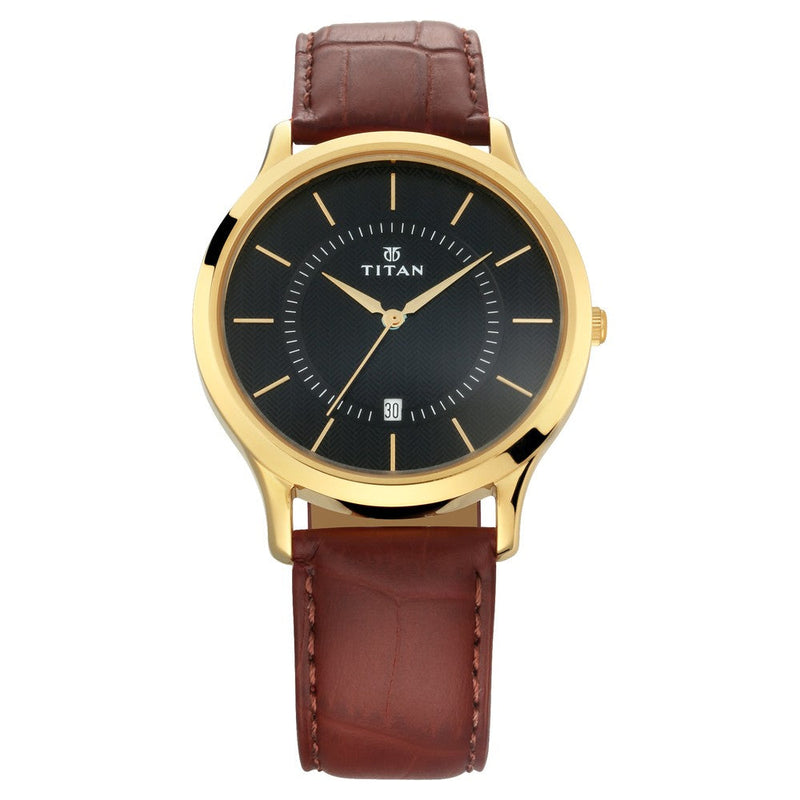 Titan Quartz Analog with Date Black Dial Leather Strap Watch for Men