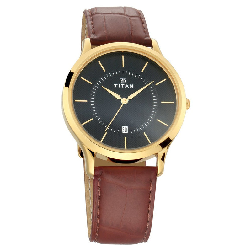 Titan Quartz Analog with Date Black Dial Leather Strap Watch for Men