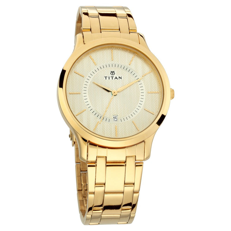 Titan Quartz Analog with Date Champagne Dial Stainless Steel Strap Watch for Men