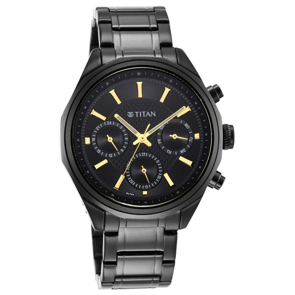 Titan Quartz Multifunction Black Dial Stainless Steel Strap Watch for Men