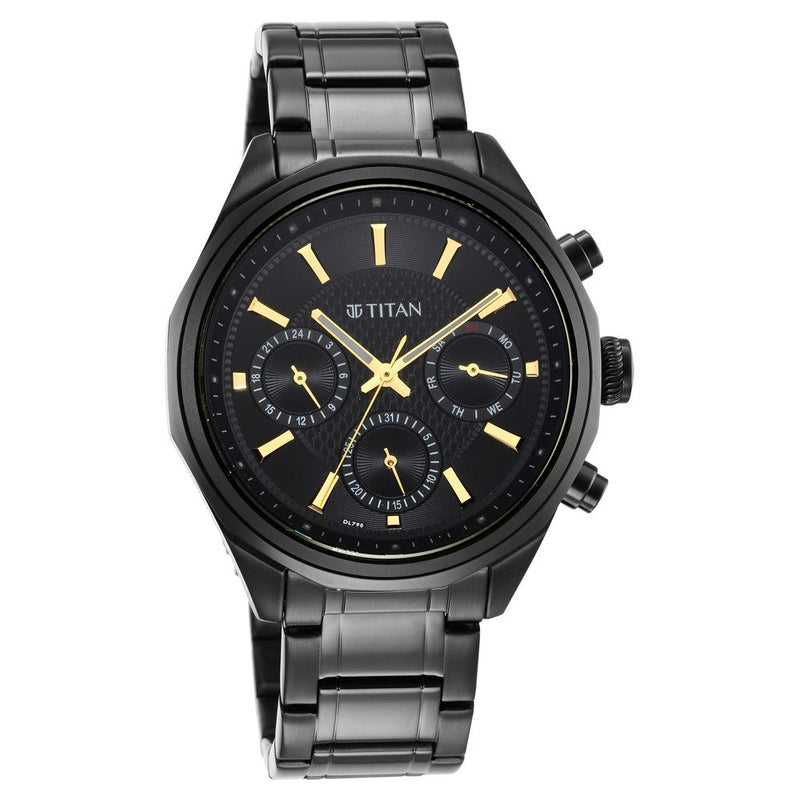 Titan Quartz Multifunction Black Dial Stainless Steel Strap Watch for Men