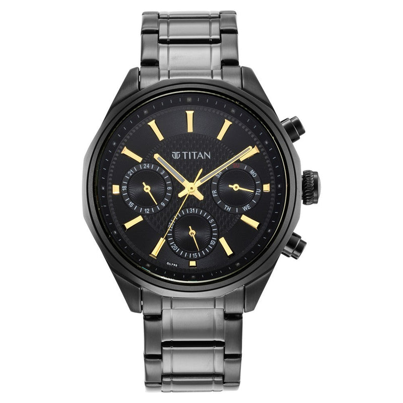 Titan Quartz Multifunction Black Dial Stainless Steel Strap Watch for Men