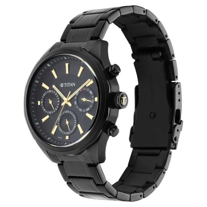 Titan Quartz Multifunction Black Dial Stainless Steel Strap Watch for Men