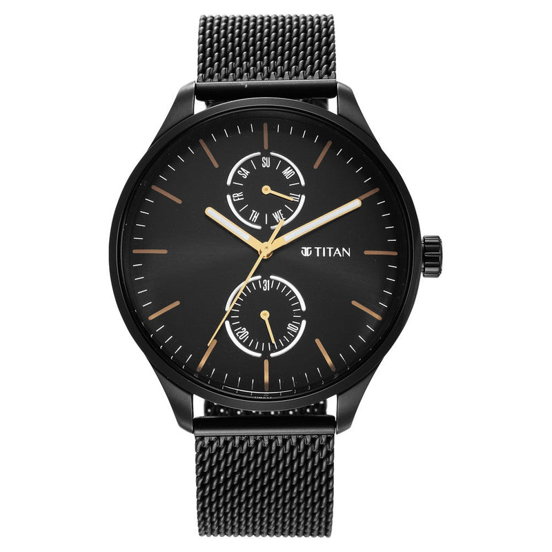 Titan Black and Gold Black Dial Analog with Day and Date Stainless Steel Strap Watch for Men