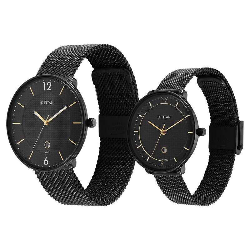 Titan Bandhan Black Dial Analog with Date Stainless Steel Strap watch for Couple