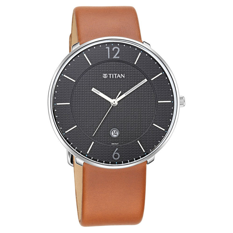 Titan Minimals Black Dial Analog Date Leather Strap Watch for Men