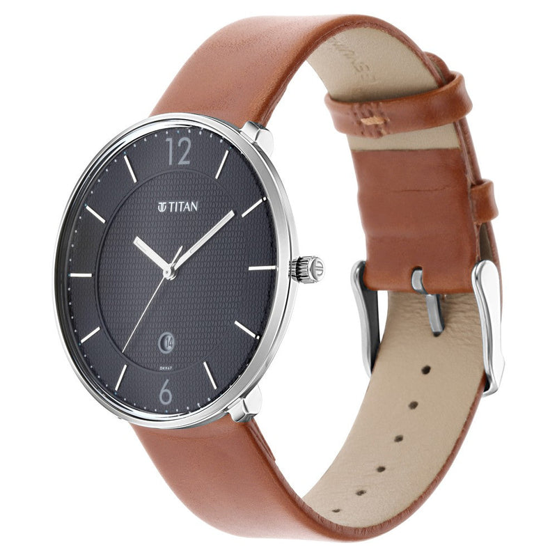 Titan Minimals Black Dial Analog Date Leather Strap Watch for Men