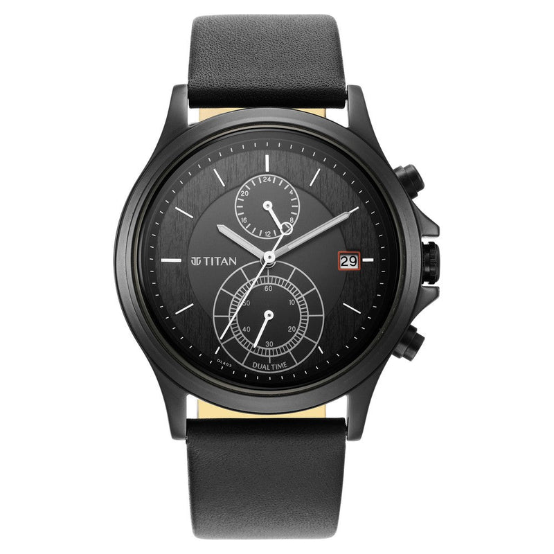 Titan Workwear Black Dial Dual Time Leather Strap watch for Men