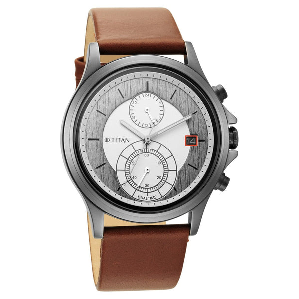 Titan Workwear Silver Dual Time Quartz Leather Strap watch for Men