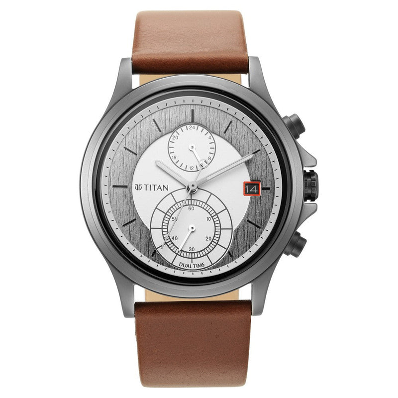 Titan Workwear Silver Dual Time Quartz Leather Strap watch for Men