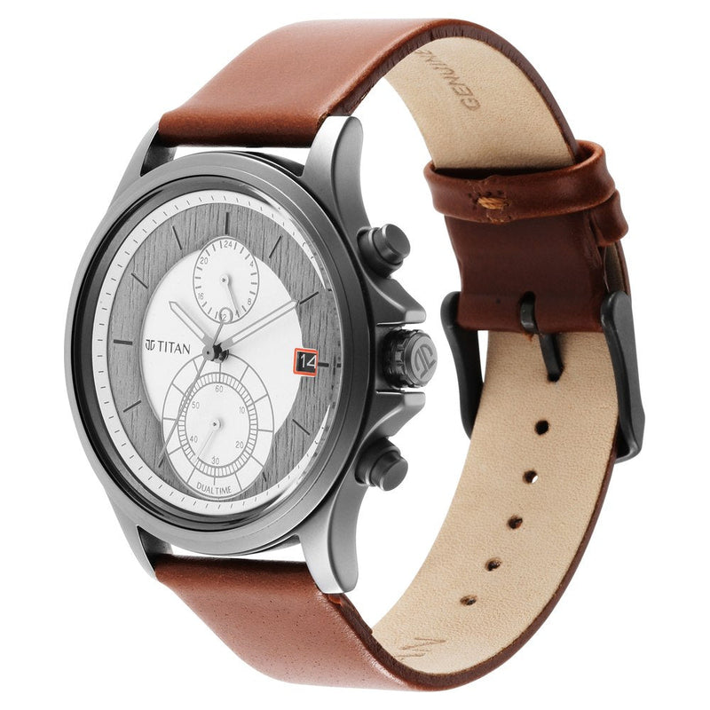 Titan Workwear Silver Dual Time Quartz Leather Strap watch for Men