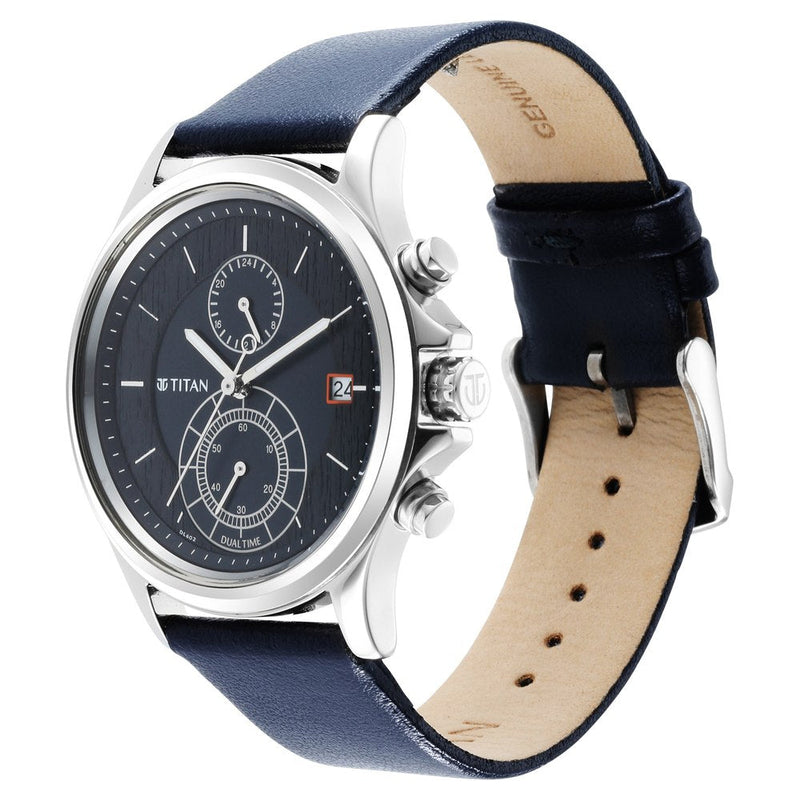 Titan Workwear Blue Dial Dual Time Leather Strap watch for Men