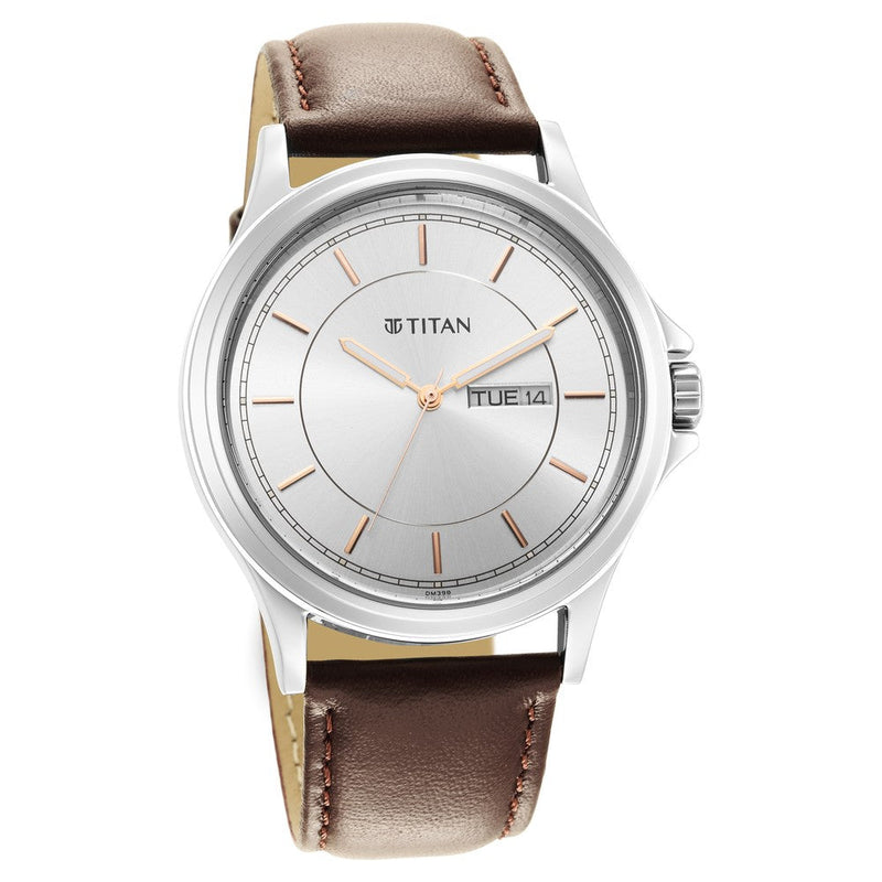 Titan Quartz Analog Silver White Dial Leather Strap Watch for Men