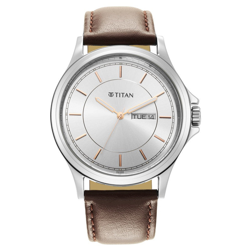 Titan Quartz Analog Silver White Dial Leather Strap Watch for Men