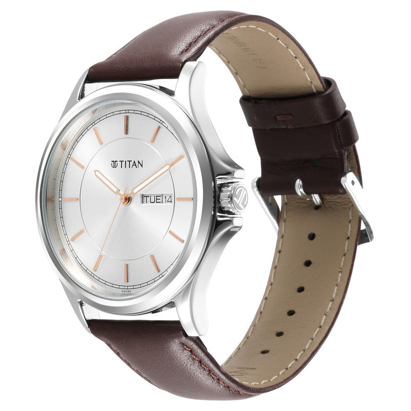 Titan Quartz Analog Silver White Dial Leather Strap Watch for Men