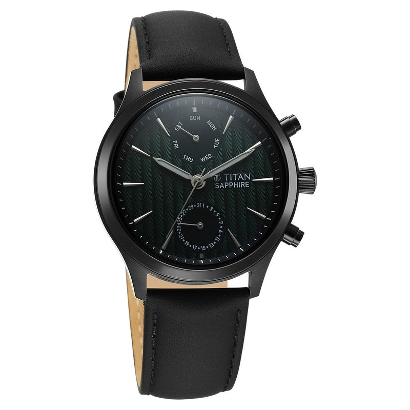 Titan Sapphire Multifunction Quartz Analog with Day and Date Green Dial Leather Strap Watch for Men