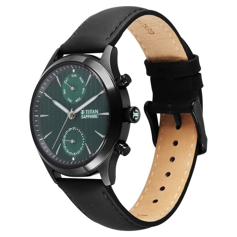 Titan Sapphire Multifunction Quartz Analog with Day and Date Green Dial Leather Strap Watch for Men