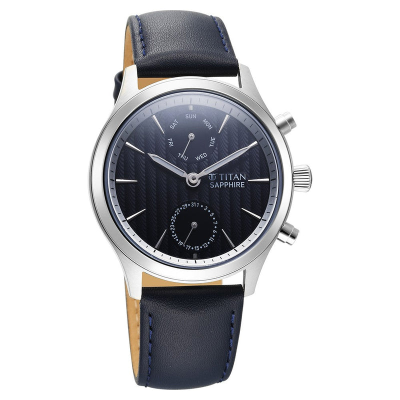 Titan Sapphire Multifunction Quartz Analog with Day and Date Blue Dial Leather Strap Watch for Men