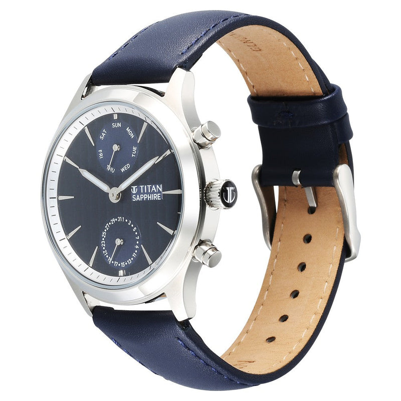 Titan Sapphire Multifunction Quartz Analog with Day and Date Blue Dial Leather Strap Watch for Men