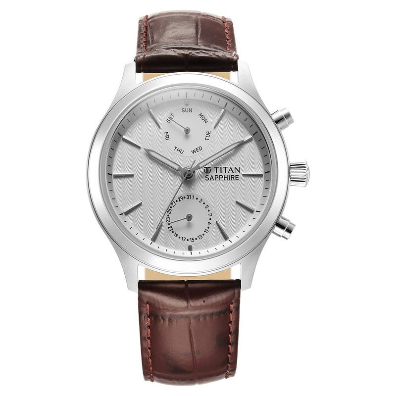 Titan Sapphire Multifunction Quartz Analog with Day and Date White Dial Leather Strap Watch for Men