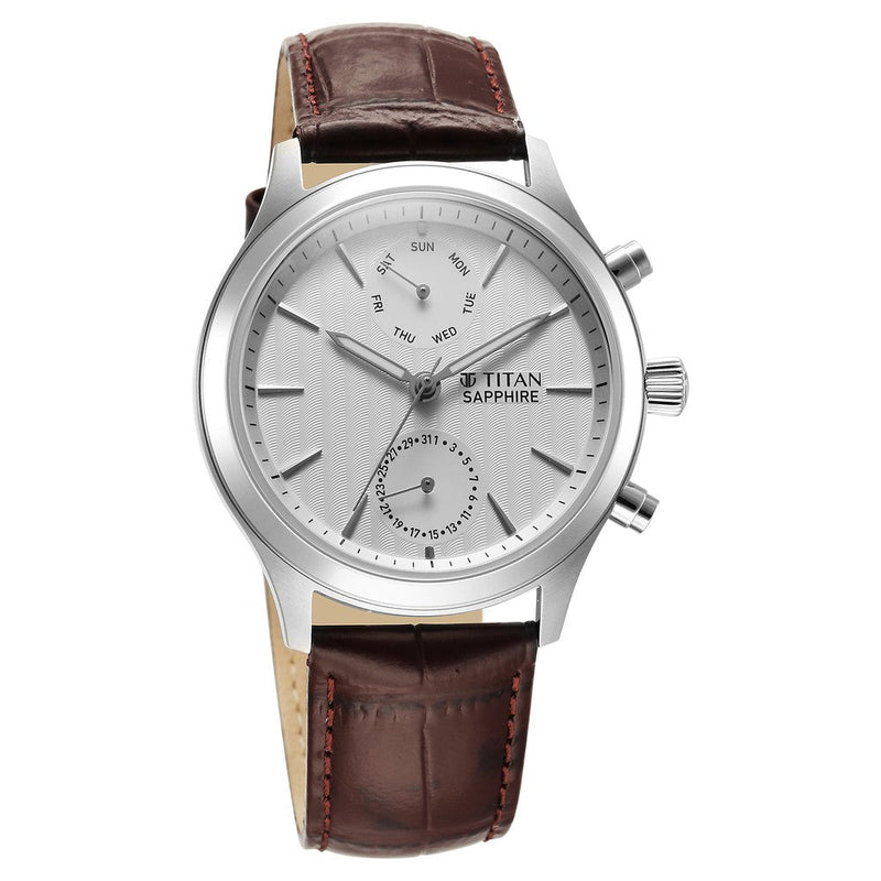 Titan Sapphire Multifunction Quartz Analog with Day and Date White Dial Leather Strap Watch for Men