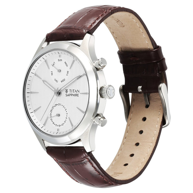 Titan Sapphire Multifunction Quartz Analog with Day and Date White Dial Leather Strap Watch for Men