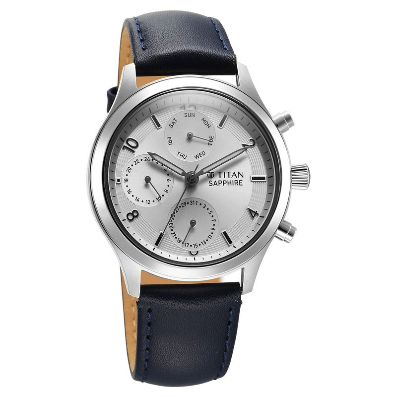 Titan Sapphire Quartz Multifunction Silver Dial Leather Strap Watch for Men