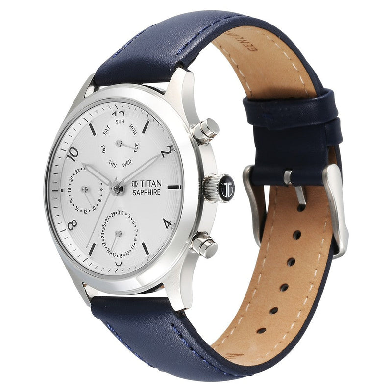 Titan Sapphire Quartz Multifunction Silver Dial Leather Strap Watch for Men