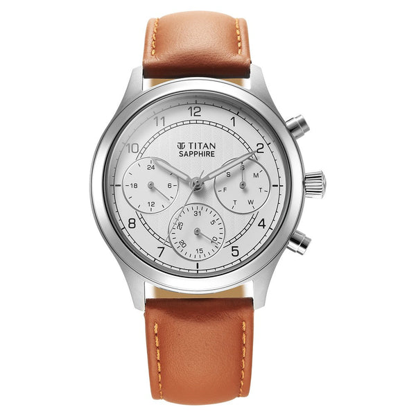 Titan Sapphire Quartz Multifunction White Dial Leather Strap Watch for Men