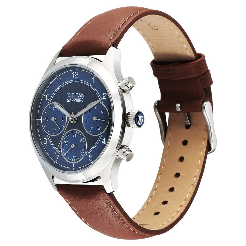 Titan Sapphire Quartz Multifunction Blue Dial Leather Strap Watch for Men