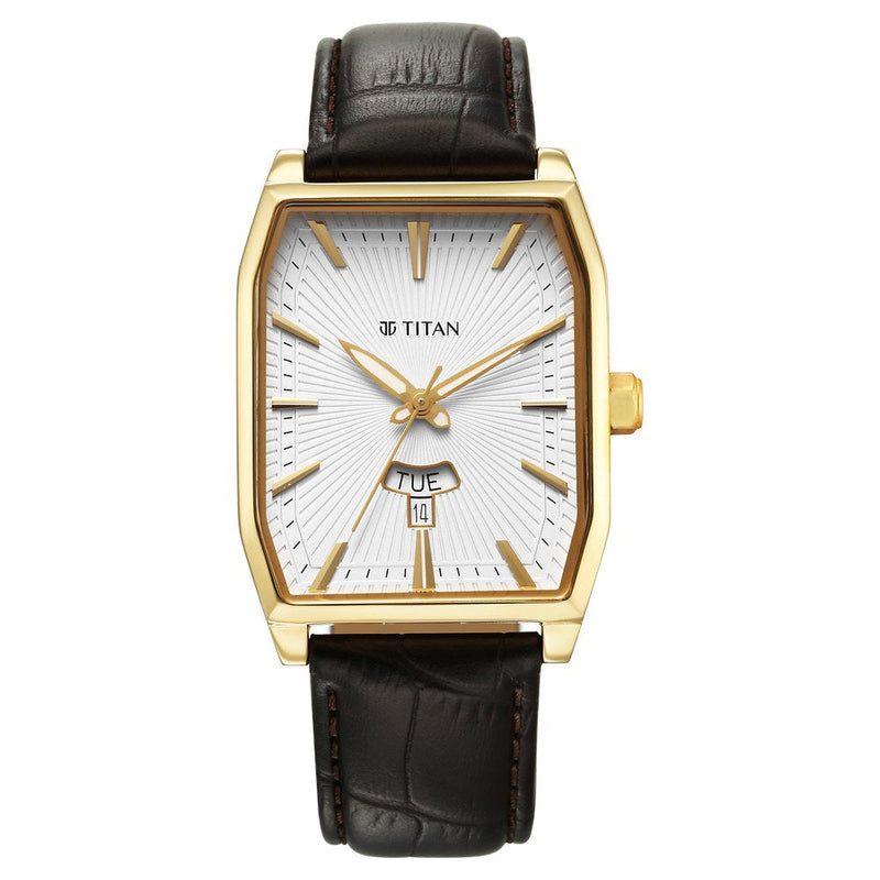 Titan Regalia Opulent White Dial Analog with Day and Date Leather Strap Watch for Men