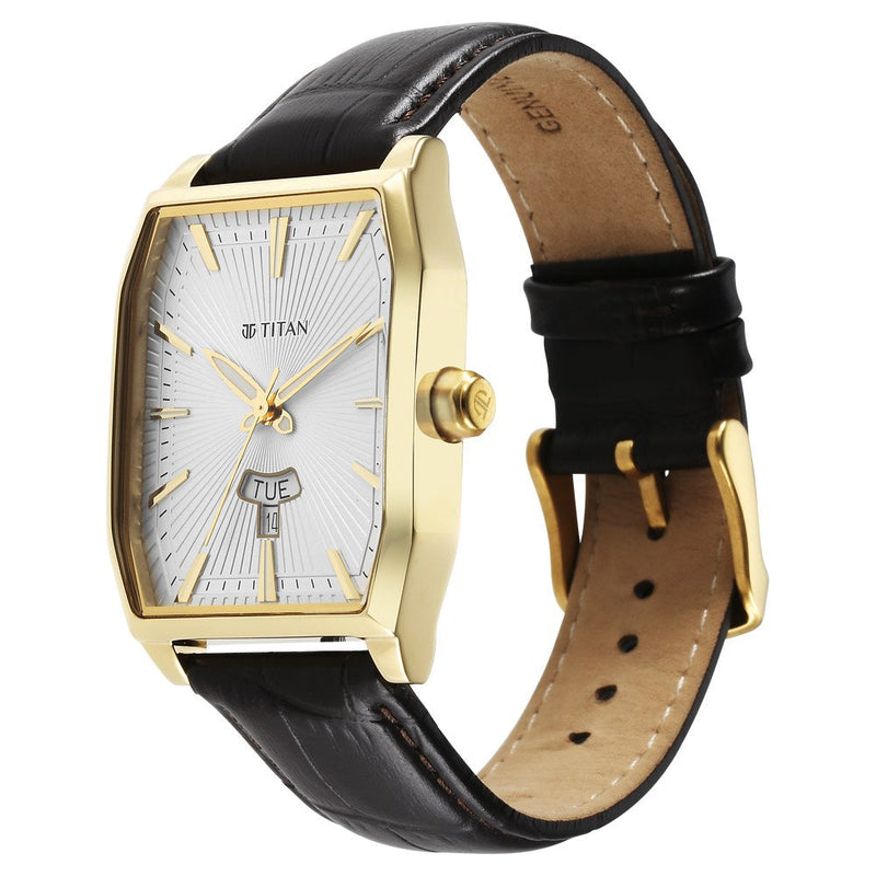 Titan Regalia Opulent White Dial Analog with Day and Date Leather Strap Watch for Men