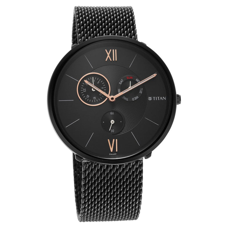 Titan Quartz Multifunction Black Dial Stainless Steel Strap Watch for Men