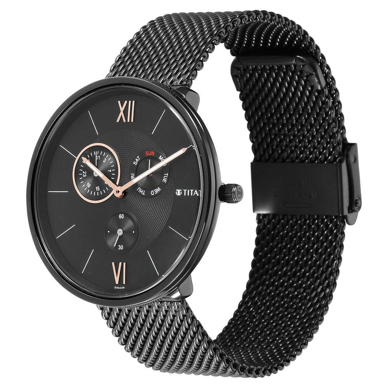 Titan Quartz Multifunction Black Dial Stainless Steel Strap Watch for Men