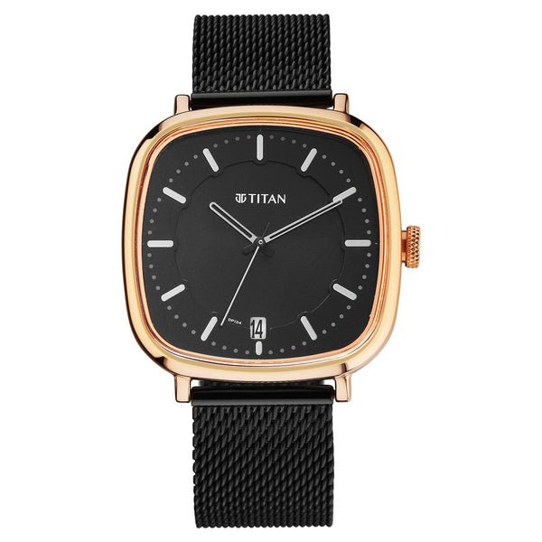 Titan Shaped Case Black Dial Metal Strap Watch