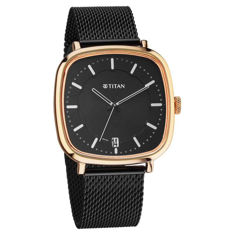 Titan Shaped Case Black Dial Metal Strap Watch