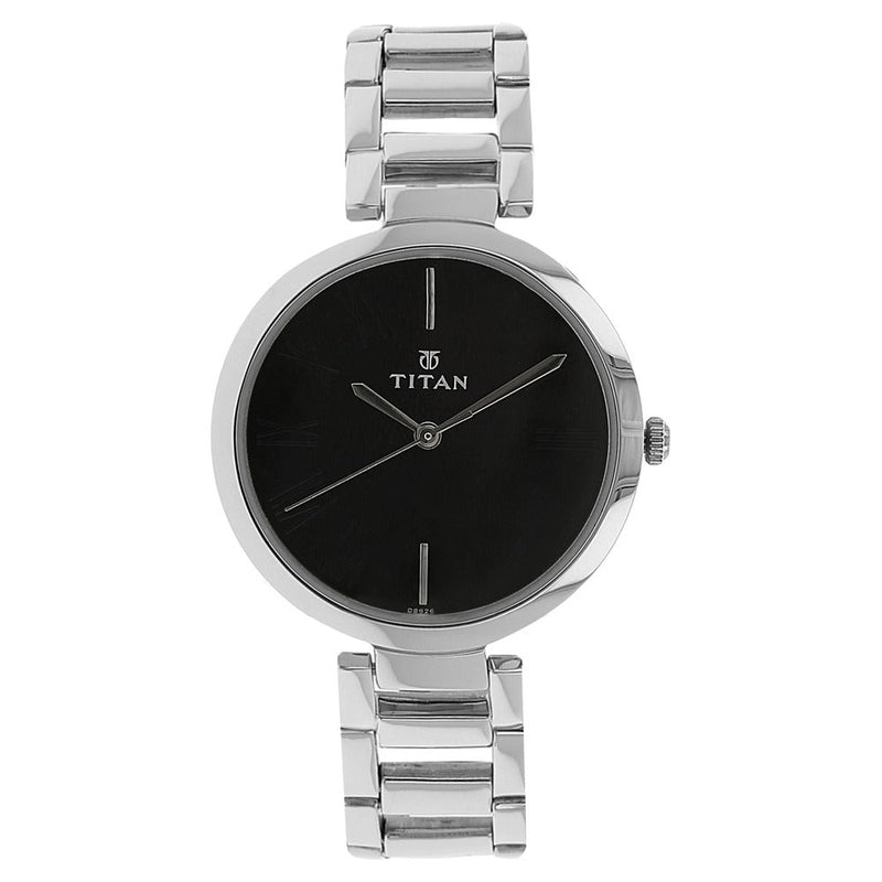 Titan Quartz Analog Black Dial Stainless Steel Strap Watch for Women