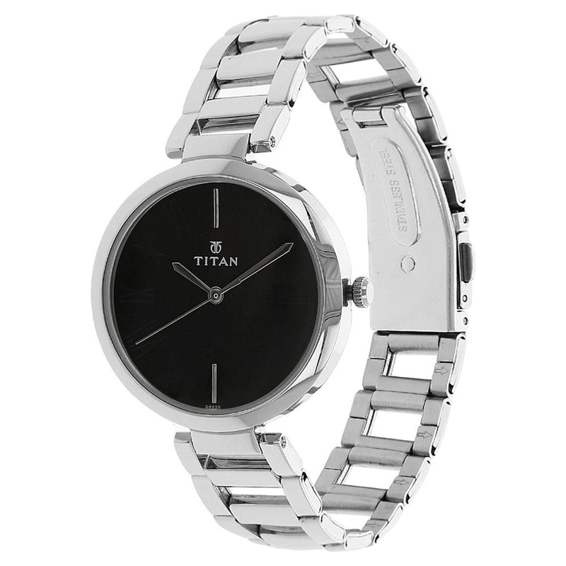 Titan Quartz Analog Black Dial Stainless Steel Strap Watch for Women