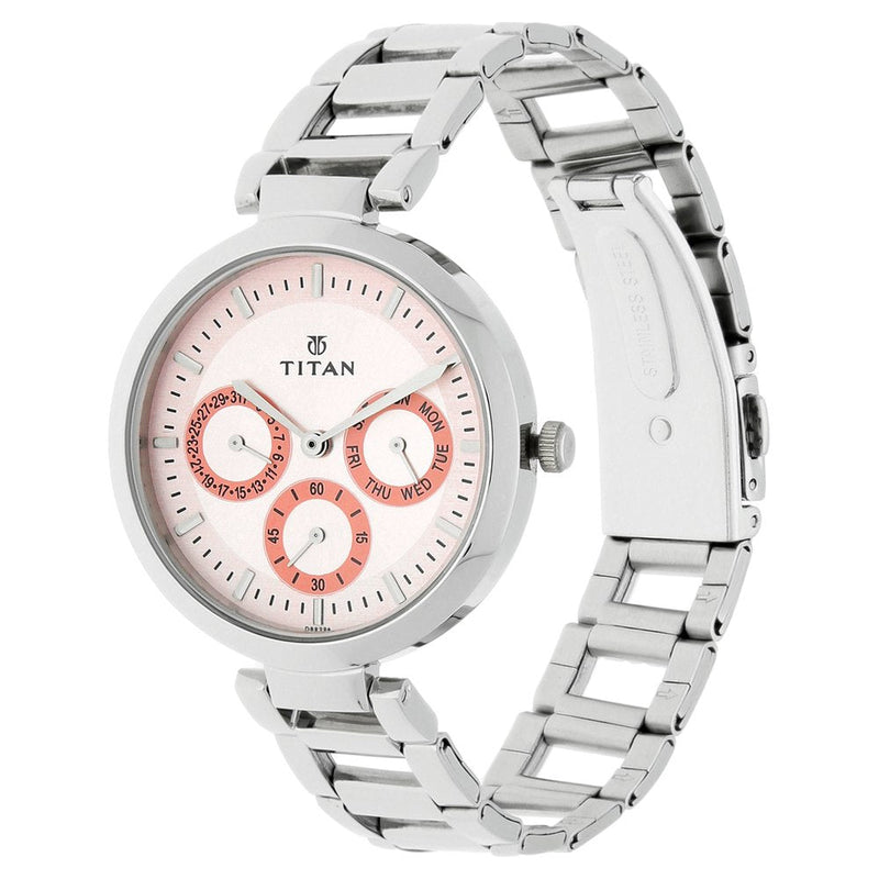 Titan Quartz Multifunction Pink Dial Stainless Steel Strap Watch for Women