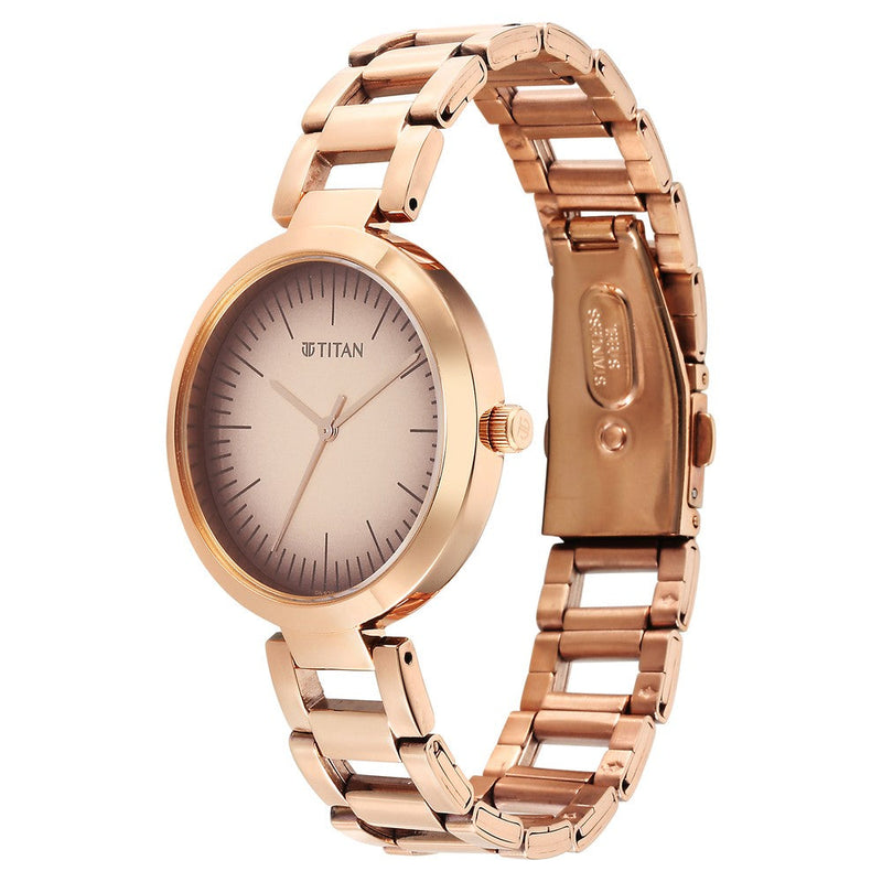 Titan Workwear Quartz Analog Beige Dial Rose Gold Stainless Steel Strap Watch for Women